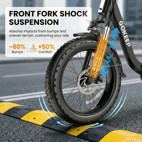 Front suspension feature of Folding Electric Bike With 1300W Peak Motor For Crushing Hills, 75 Mile Pedal Assist Range, Removable Battery