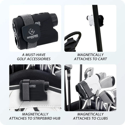 Magnetic Rangefinder Strap With Velcro And Rubber Coated Base Adjustable Golf Rangefinder Holder Band For Cart Or Club Easy One Hand Access During Round Durable Gift For Golfer illustration showing attachment on golf cart and clubs.