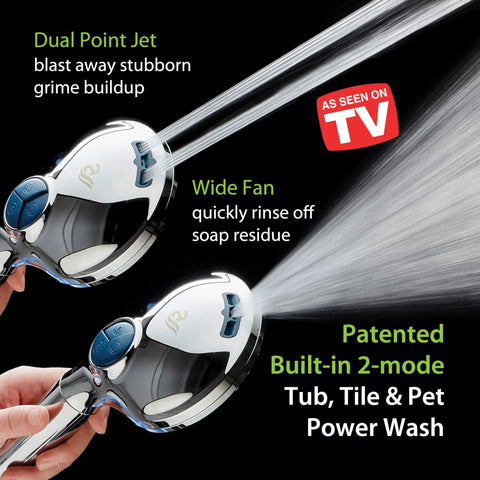 Image of High Pressure 10 Setting Handheld Showerhead with Built In Filter demonstrating dual point jet and wide fan modes.