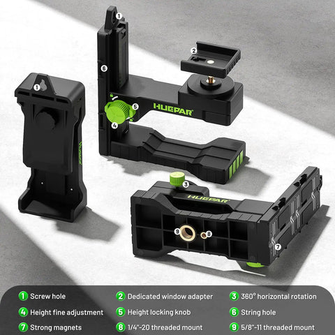 Pro Grade Fine Tuning Laser Level Mount With Magnetic Pivot Base And Adjustable Spring Clip 360 Degree Swivel Height Adjust Fits One Quarter Inch And Five Eighth Inch Threads Versatile Cross Line Laser Bracket PV16 Plus, black plastic, shown with 1/4-20 and 5/8-11 mounts