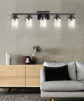 Five Light Black Vanity Fixture With Clear Glass Shades For Farmhouse Bathroom Mirror And Wall Sconce Modern Black Finish above sofa