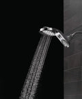 HydroRain Two In One Shower Head Chrome Finish With Rain Can And Handheld Combo Installs In Minutes shown on dark bathroom wall