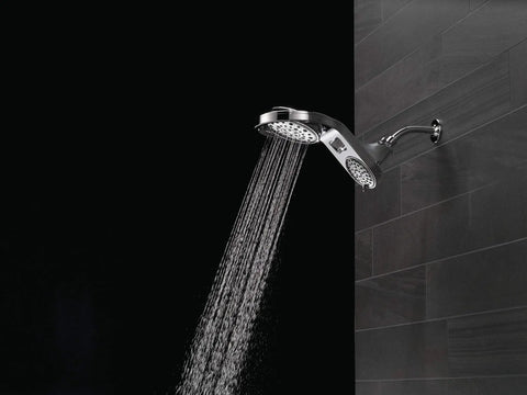 HydroRain Two In One Shower Head Chrome Finish With Rain Can And Handheld Combo Installs In Minutes shown on dark bathroom wall