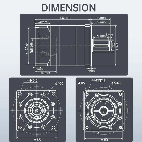 Technical drawing of Nema34 Stepper Motor Planetary Gearbox with 8 Arcmin Backlash, 20 To 1 Gear Ratio dimensions and specifications.