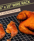 Two Pack Stainless Steel Cooling Rack For Baking 16x10 Inches with roasted chicken, oven safe, half sheet pan, silver