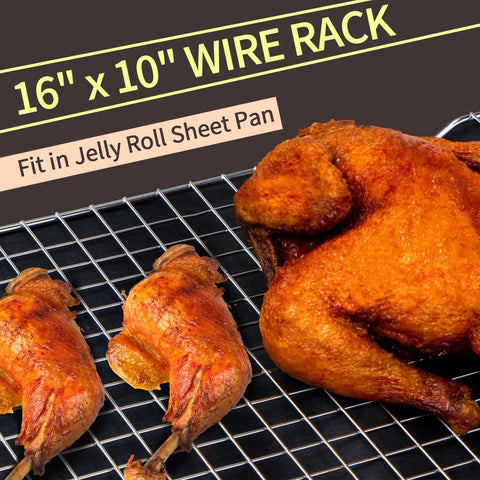 Two Pack Stainless Steel Cooling Rack For Baking 16x10 Inches with roasted chicken, oven safe, half sheet pan, silver