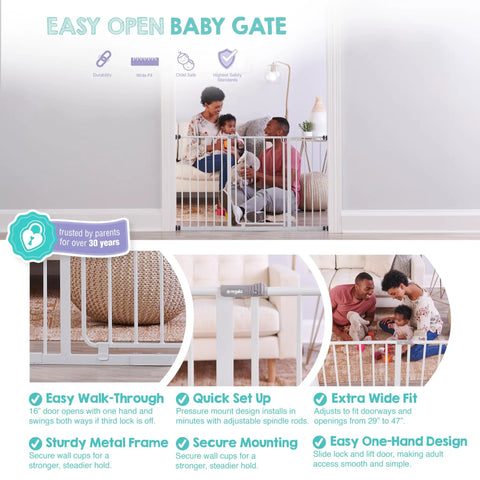 Easy Open Extra Wide Baby Gate in hallway showing family with small children, trusted for over 30 years, metal frame, secure mounting.