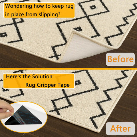 Before and after using 12 Pack Rug Tape Grippers For Hardwood Floors Non Slip Carpet Tape For Area Rugs Reusable Double Sided Rug Pad Tapes Keeps Rugs From Sliding And Flat On Tile Wood Marble Floors