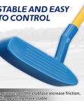 Close-up of blue putter from Kid Friendly Beginner Golf Club Set With Wood Iron And Putter, 3 Balls And Bag, focusing on grooves.