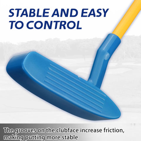 Close-up of blue putter from Kid Friendly Beginner Golf Club Set With Wood Iron And Putter, 3 Balls And Bag, focusing on grooves.