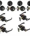 Four Vail Front Door Entry Lever Lockset With Single Cylinder Deadbolt Combo, Aged Oil Rubbed Bronze, showing levers and deadbolts.
