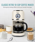 Classic Retro 10 Cup Drip Coffee Maker With One Touch Brew Reusable Filter Auto Shutoff Time Display Anti Drip Dishwasher Safe 50 Ounce Carafe Cream Finish Coffee Machine For Quick Mornings on a kitchen counter.