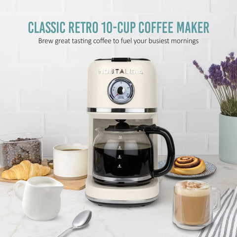 Classic Retro 10 Cup Drip Coffee Maker With One Touch Brew Reusable Filter Auto Shutoff Time Display Anti Drip Dishwasher Safe 50 Ounce Carafe Cream Finish Coffee Machine For Quick Mornings on a kitchen counter.