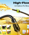 Real Deal 3.2 Gpm Fuel Transfer Pump With Smart Auto Stop Nozzle And Heavy Duty Leak Resistant Housing For Smooth Gas Line Work Without The Drip Mess Daily, with high-flow nozzle spraying fuel.