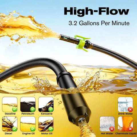 Real Deal 3.2 Gpm Fuel Transfer Pump With Smart Auto Stop Nozzle And Heavy Duty Leak Resistant Housing For Smooth Gas Line Work Without The Drip Mess Daily, with high-flow nozzle spraying fuel.