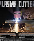 55 Amp Non Touch Pilot Arc Plasma Cutter cutting through metal with sparks, dual voltage 110 to 220V, IGBT inverter, ETL approved