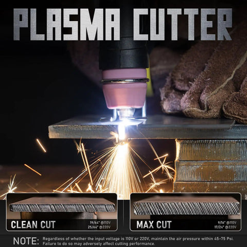 55 Amp Non Touch Pilot Arc Plasma Cutter cutting through metal with sparks, dual voltage 110 to 220V, IGBT inverter, ETL approved