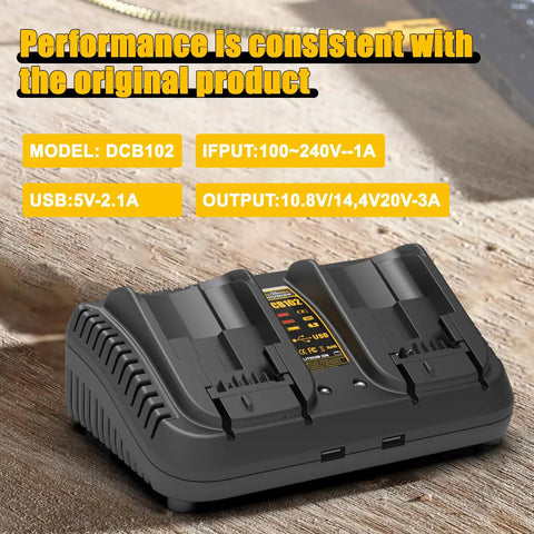 DCB102BP Replacement Charger For DeWalt 20V Max Dual Battery Charging Station With USB Ports on wooden surface