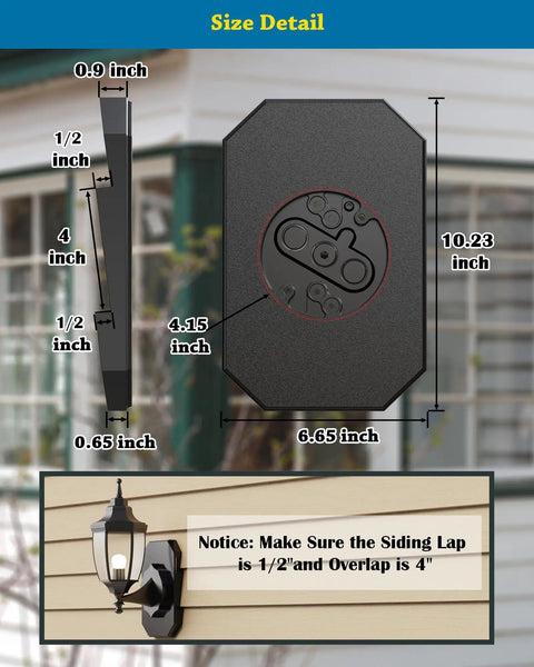 Durable Outdoor Siding Light Mounting Block Kit With Built In Electrical Box Black Vinyl Siding Block For Half Inch Double Weatherproof Mounting Plate Easy Install 1 Pack, size detail