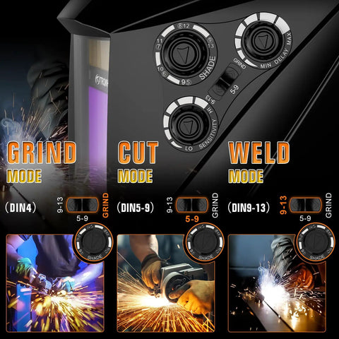 Close-up of settings on Large View Auto Darkening Welding Helmet With Led Light Solar Powered True Color Viewing Lens