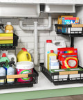 Heavy Duty Under Sink Organizer With Smooth Metal Slide Out Drawers That Are A Total Knockout For Taming Messy Cabinets And Handling The Heavy Lifting Around The House In Black Two Pack with cleaning supplies organized.