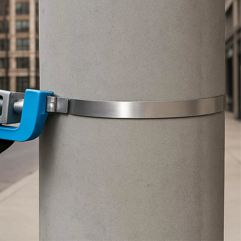 Center Punch Clamp Built From Galvanized Carbon Steel, 5/8 Inch Wide, 0.025 Inch Thick, 1-3/4 Inch Diameter installed on a concrete post