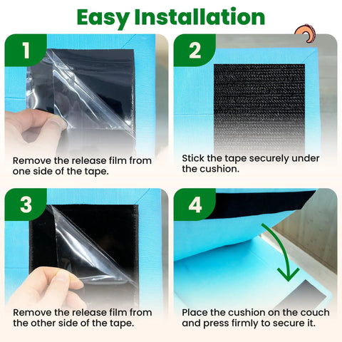 Step-by-step guide for heavy duty hook and loop strips installation under sofa cushions.