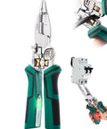 8 In 1 Wire Stripper Tool With Voltage Tester For 10-18 AWG, showing pliers, cutter, and green handle with voltage testing light
