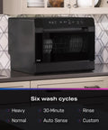 Compact Countertop Dishwasher With Smart Wifi Connectivity Six Wash Cycles Energy Star in black with six wash cycle options visible.