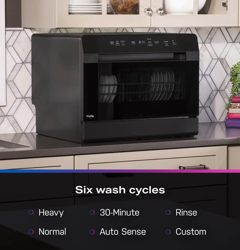 Compact Countertop Dishwasher With Smart Wifi Connectivity Six Wash Cycles Energy Star in black with six wash cycle options visible.