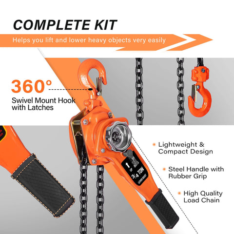 Three Quarter Ton Manual Lever Hoist Come Along With 1650Lbs Capacity, Two Hooks, Ten Feet Chain, Heavy Duty Orange Lifting Tool