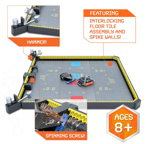 BattleBots Arena MAX Remote Control Robot Toy Set With Over 30 Pieces For Kids 8 And Up featuring interlocking floor and spike walls