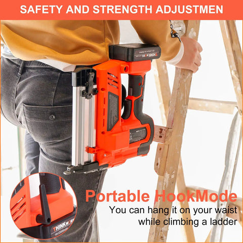 Person using Cordless 20V 18 Gauge Brad Nailer Dual Mode Nail Gun for DIY Pros and Home Renovations with belt hook on ladder