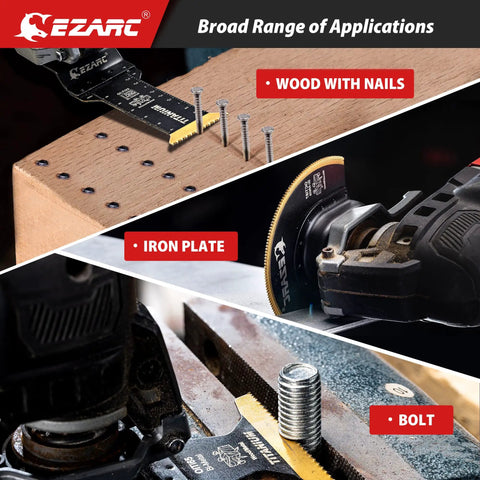 Titanium Oscillating Saw Blades Kit Four Pack in use cutting wood, iron plate, and bolt, showing versatility and applications.