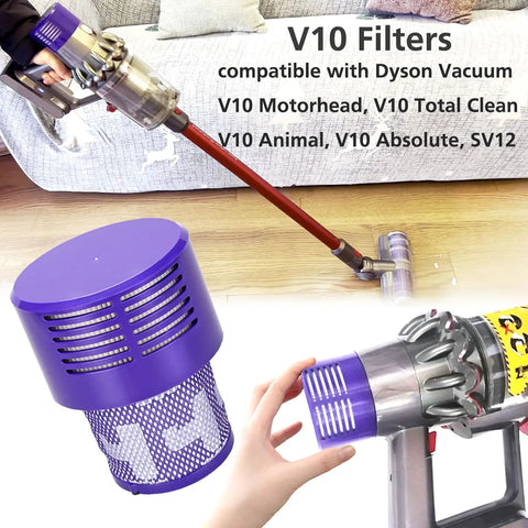 Close-up of V10 Replacement Filters For Dyson Vacuum Cyclone Series 3 Pack With Cleaning Brush installed in vacuum cleaner.