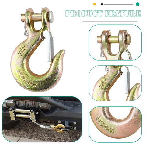 Top Shelf Grade 70 Clevis Slip Hooks With Safety Latch 5/16 Inch Heavy Duty Towing Gear Four Pack forged steel hook detail image.