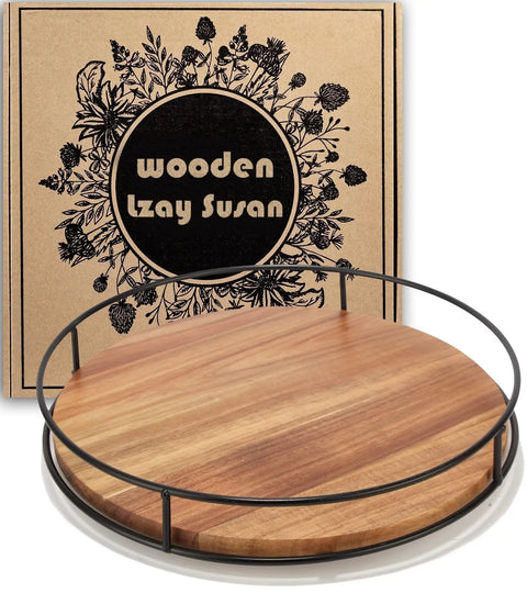 12 Inch Acacia Wood Lazy Susan Turntable With Steel Sides A Solid Kitchen Organizer For Condiments Spices Or Bakeware 360 Degree Rotating Stand For Countertop Cabinet Or Dining Table With Non Slip Base Black displayed in packaging