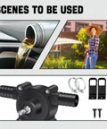 Image showcasing Badass Mini Drill Pump Adapter Hella Fast Fluid Transfer for water and oil with scenes of use.