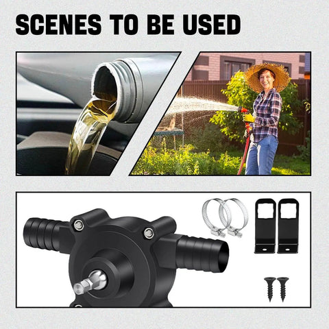 Image showcasing Badass Mini Drill Pump Adapter Hella Fast Fluid Transfer for water and oil with scenes of use.