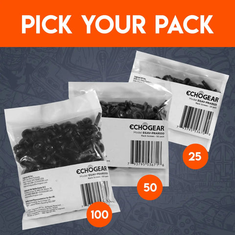 Three packs of EchoGear server rack screws shown in varying quantities, including 50 pack, with barcodes visible.