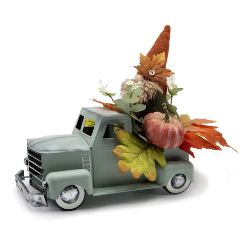 Turquoise Metal Truck With Gnomes Pumpkins Maple Leaf Farmhouse Table Centerpiece For Fall Decor Thanksgiving Autumn Themed Home Table Shelf 12 Inch Totally Seasonal Farmhouse Decor Accent