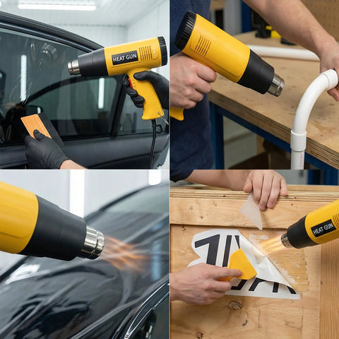 Vinyl Wrap Heat Gun Kit For Car Wrap And Window Tint Includes 110V 1800W Heat Gun Plastic Squeegees Magnetic Holder Gloves And Smoothing Tools For Quick Film Stretching And Perfect Finish used on car windows and surfaces.