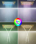 Premium 20 Inch Bathroom Shower System With Built In Bluetooth Speaker And 64 Color Led Mood Lights Brushed Gold overhead rainfall head in use.