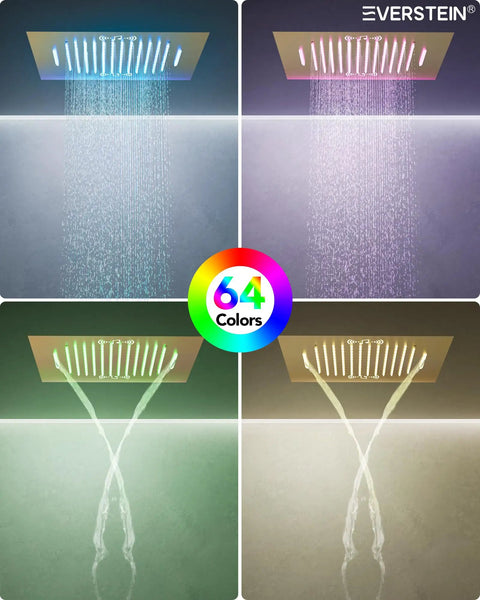 Premium 20 Inch Bathroom Shower System With Built In Bluetooth Speaker And 64 Color Led Mood Lights Brushed Gold overhead rainfall head in use.