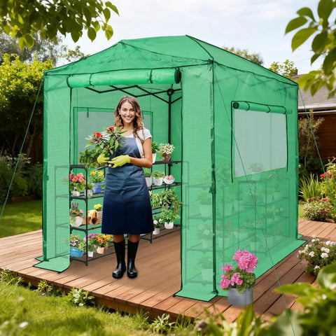 Woman standing in 8x6 Portable Walk In Greenhouse Pop Up Indoor Outdoor Garden Shelter Kit With Zippered Doors And Windows PE Cover