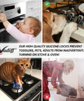 Kid Safe Stove Knob Locks For Gas And Electric Stoves Gray Silicone Safety Covers To Stop Toddlers And Pets From Turning On Burners Universal Size Protectors with images of toddlers, pets, and stove scenarios.
