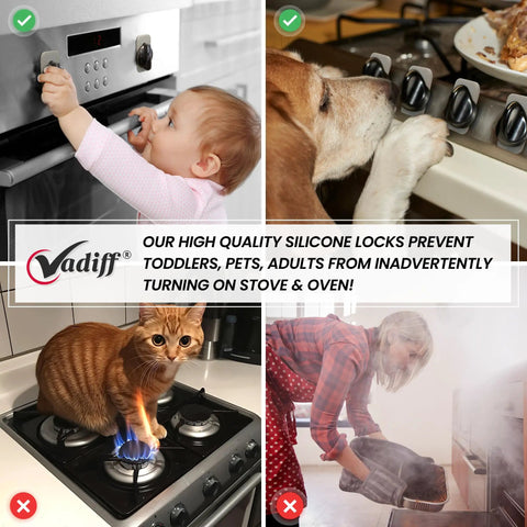 Kid Safe Stove Knob Locks For Gas And Electric Stoves Gray Silicone Safety Covers To Stop Toddlers And Pets From Turning On Burners Universal Size Protectors with images of toddlers, pets, and stove scenarios.