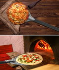 Turning Pizza Peel With 8 Inch Aluminum Round Paddle For Outdoor Ovens 23 Point 6 Inch Total Length Nonstick Lightweight Aluminum Turn Tool Easy Safe Flips Premium Pizza Night Essential For Backyard BBQs And Camp Kitchens in use with pizza in outdoor oven