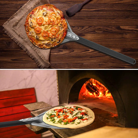 Turning Pizza Peel With 8 Inch Aluminum Round Paddle For Outdoor Ovens 23 Point 6 Inch Total Length Nonstick Lightweight Aluminum Turn Tool Easy Safe Flips Premium Pizza Night Essential For Backyard BBQs And Camp Kitchens in use with pizza in outdoor oven