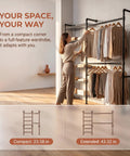 Heavy Duty Wall Mounted Industrial Pipe Closet Rack Featuring Six Generous Shelves And Two Sturdy Bars Built Different To Save Space And Expand Easily In Deep Black, displayed with clothing.